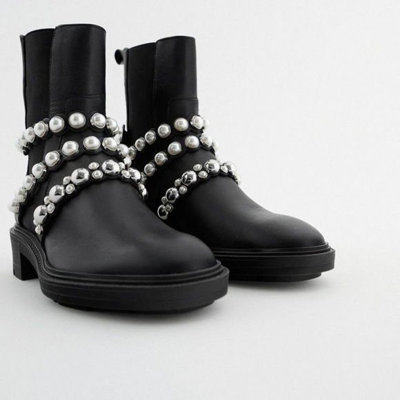 ZARA PEARL STRAP LOW HEELED LEATHER ANKLE BOOTS - Picture 5 of 13